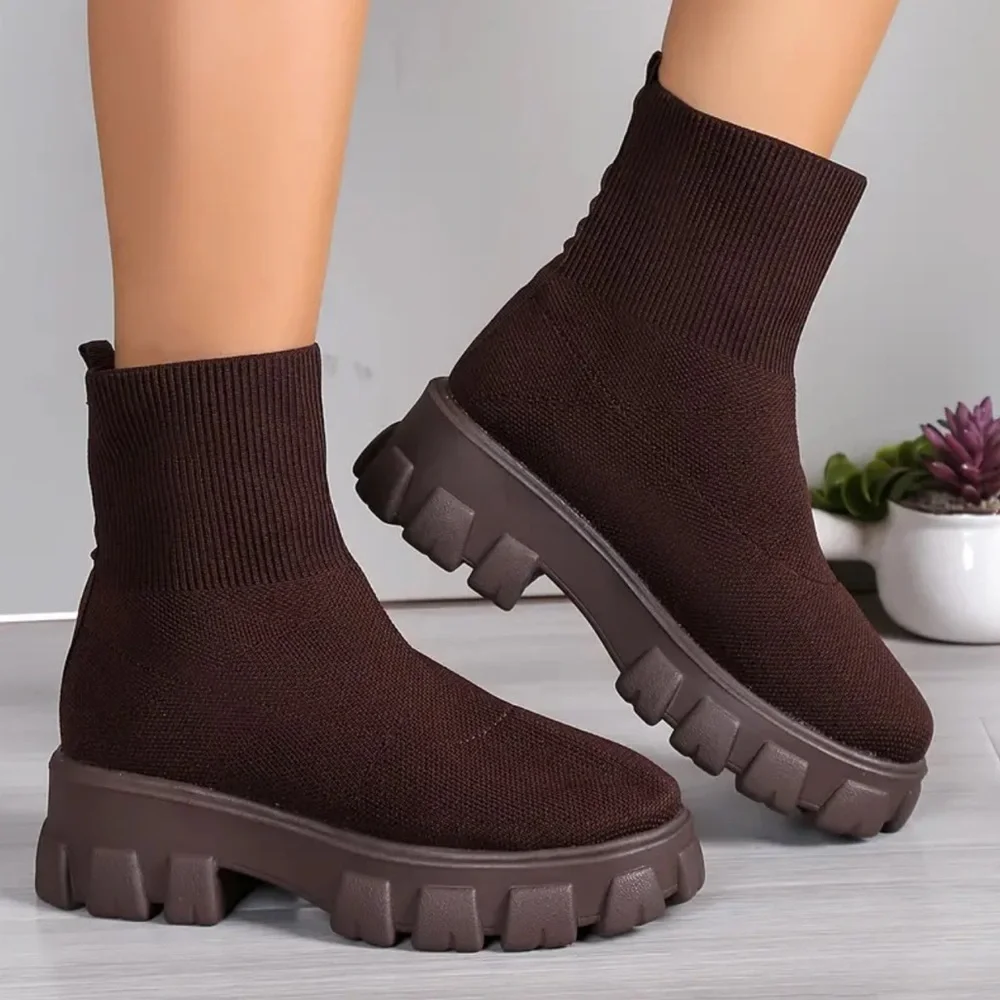 Chelsea Moto Boots 39 Sz 8.5 NWOT Chunky Casual Fall Brown Woven Sock Knit Ankle